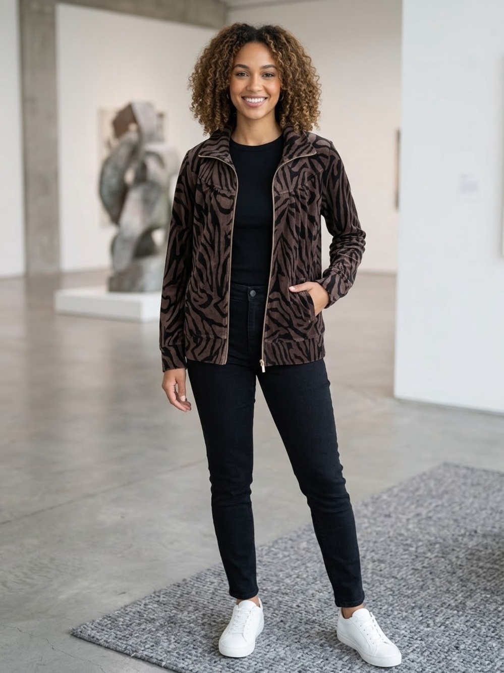 Style & Co. Sport Women's Velour Zebra Print Full-Zip Jacket - Size L